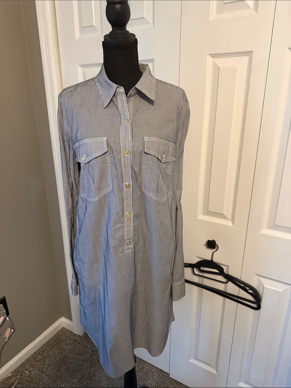 Trina Turk Blue and White Long Sleeve Shirt Dress